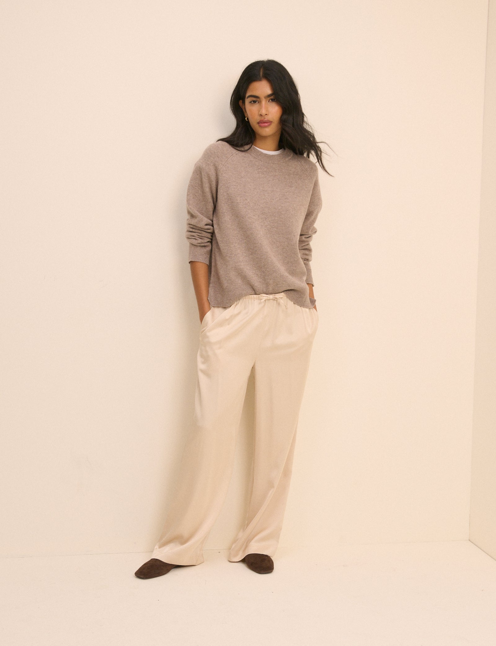 Cream Satin Wide Leg Lyra Trousers