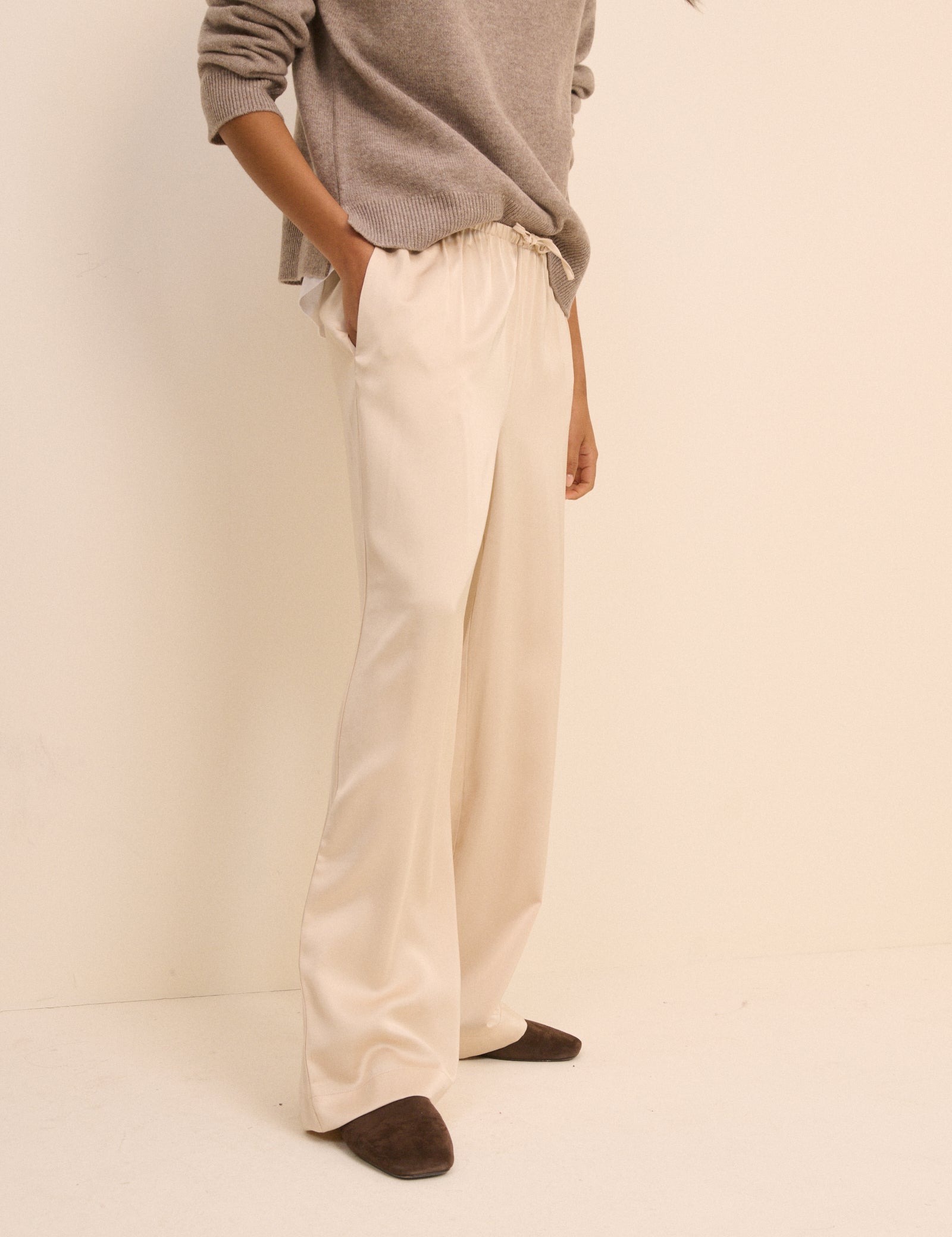 Cream Satin Wide Leg Lyra Trousers