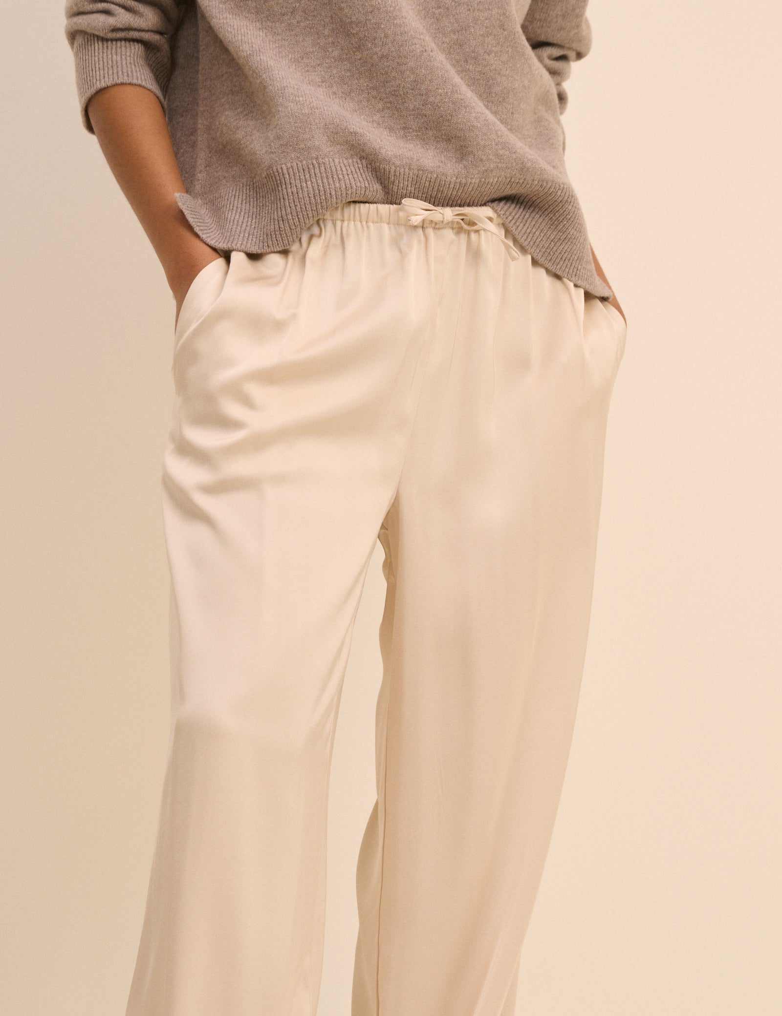 Cream Satin Wide Leg Lyra Trousers