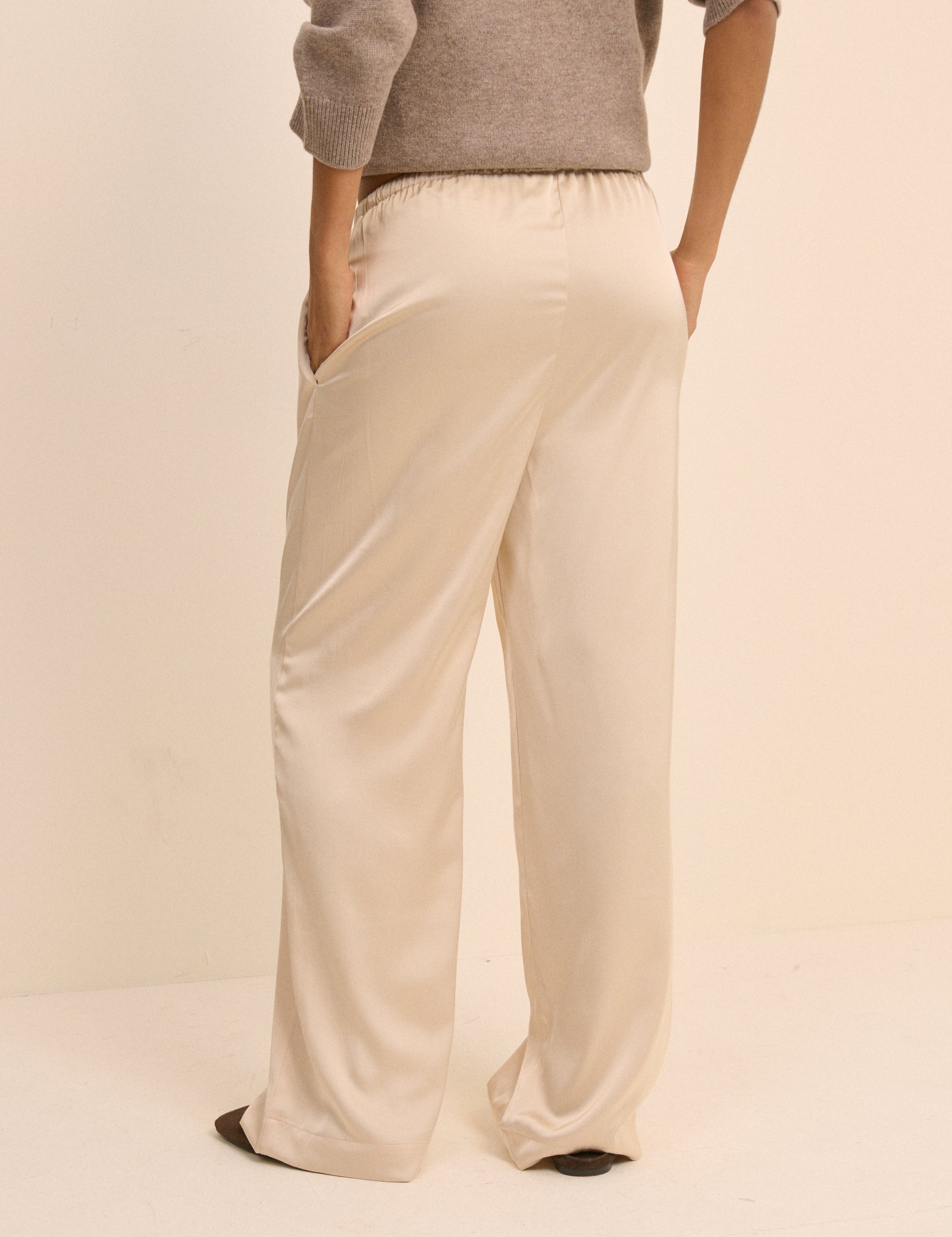 Cream Satin Wide Leg Lyra Trousers