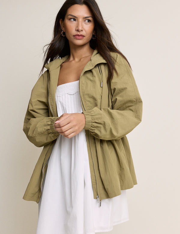 Khaki Elasticated Waist Hooded Parka