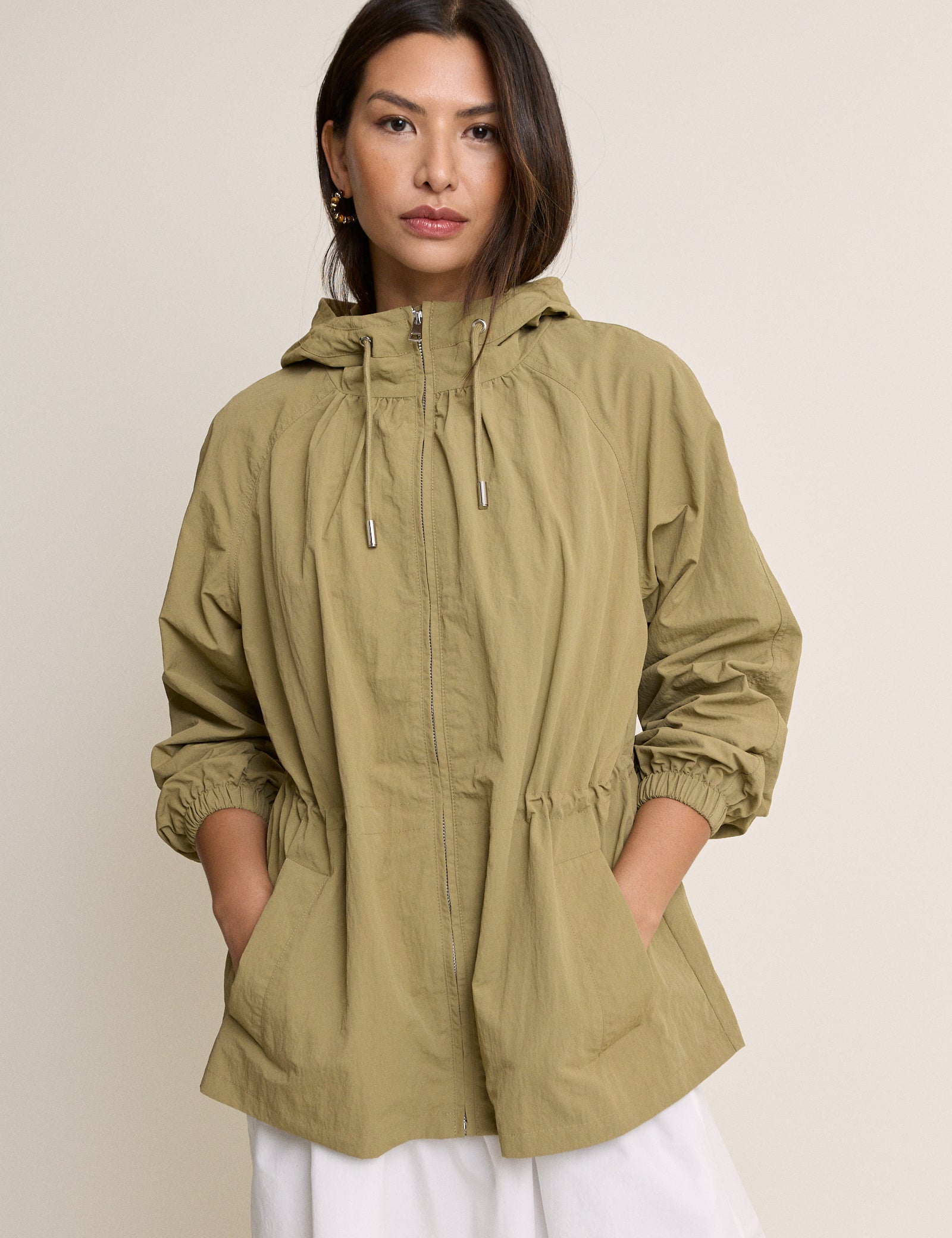 Khaki Elasticated Waist Hooded Parka