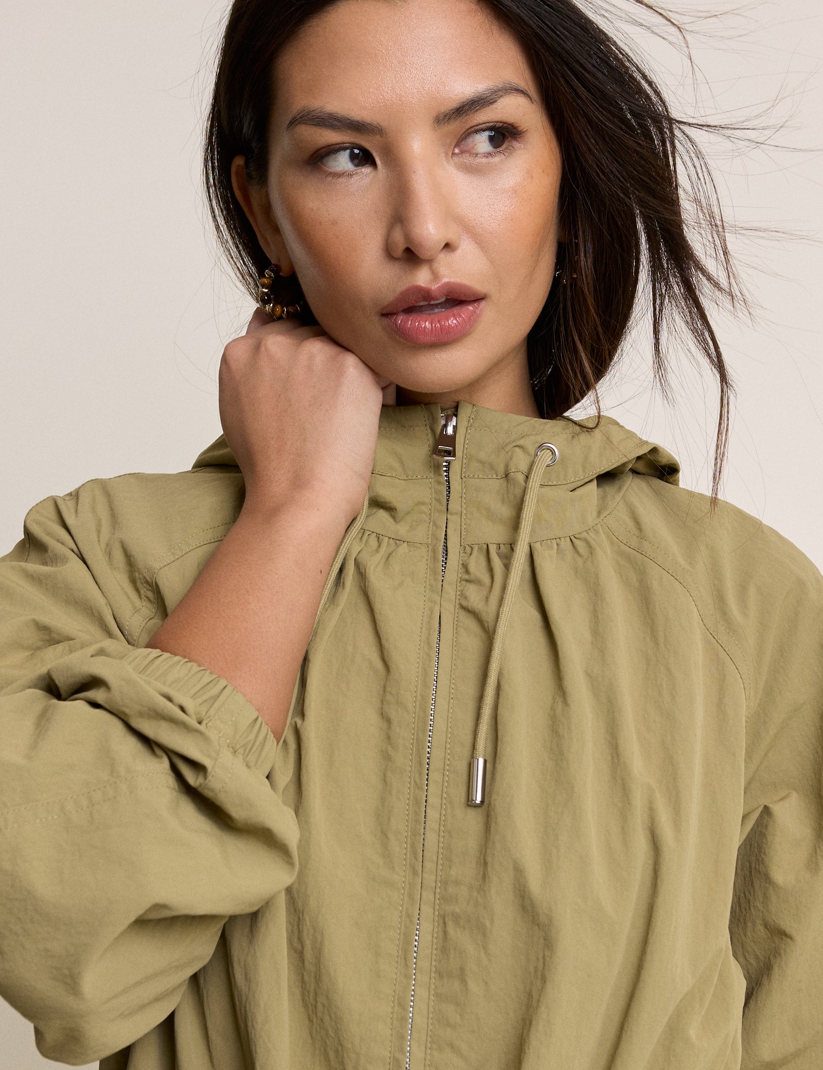 Khaki Elasticated Waist Hooded Parka