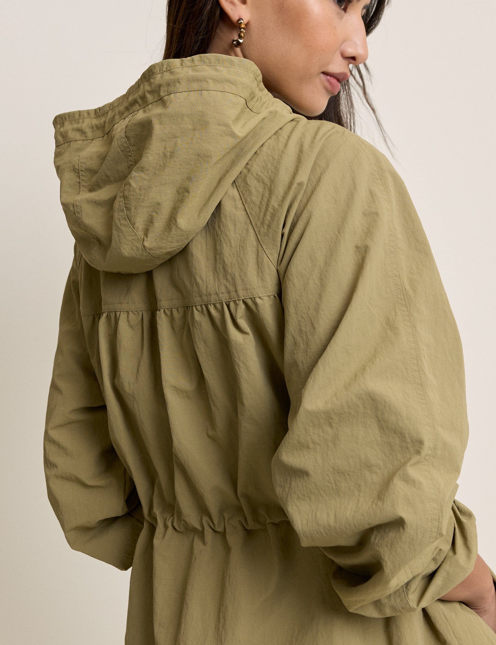 Khaki Elasticated Waist Hooded Parka