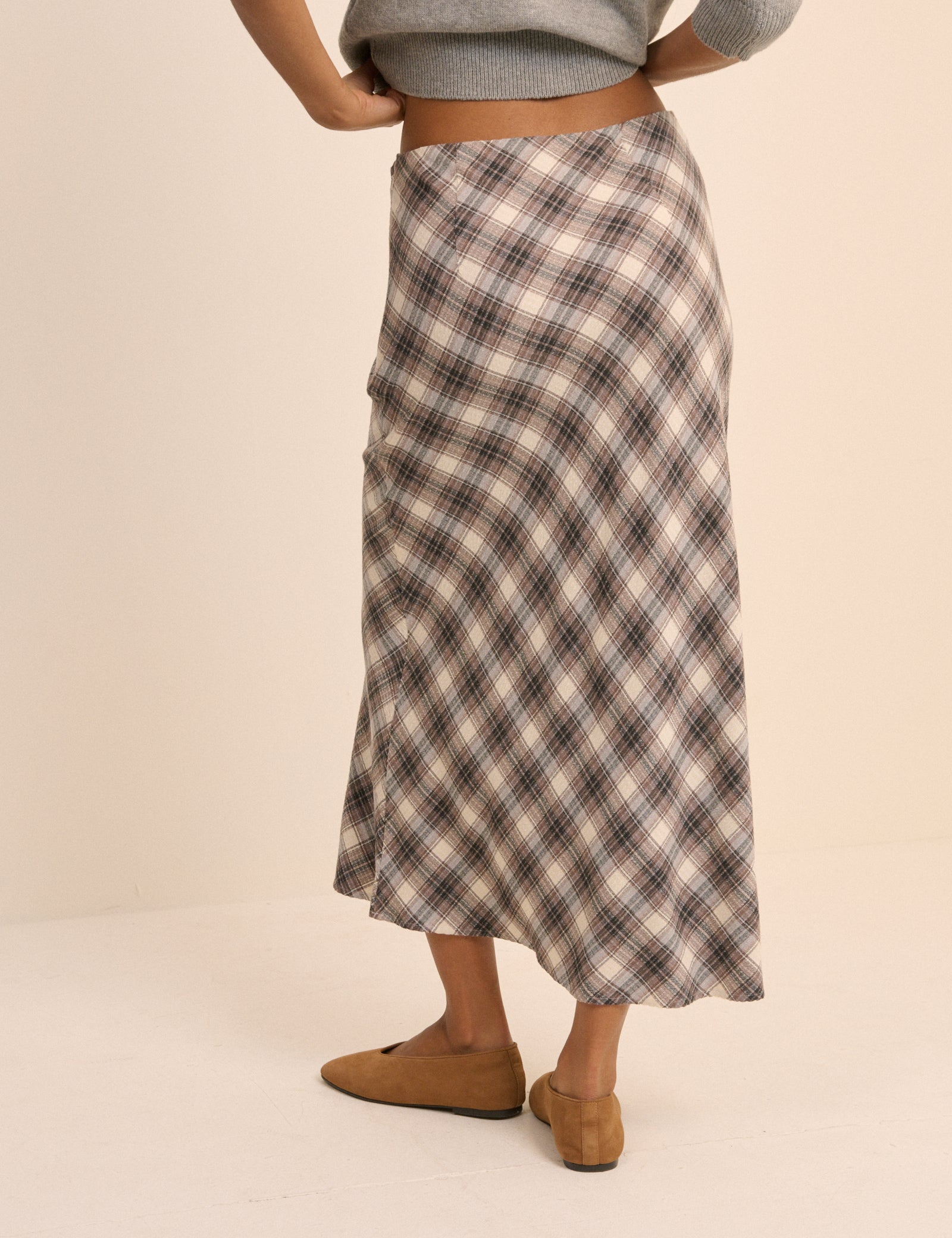 Brown Check Midi Slip Skirt