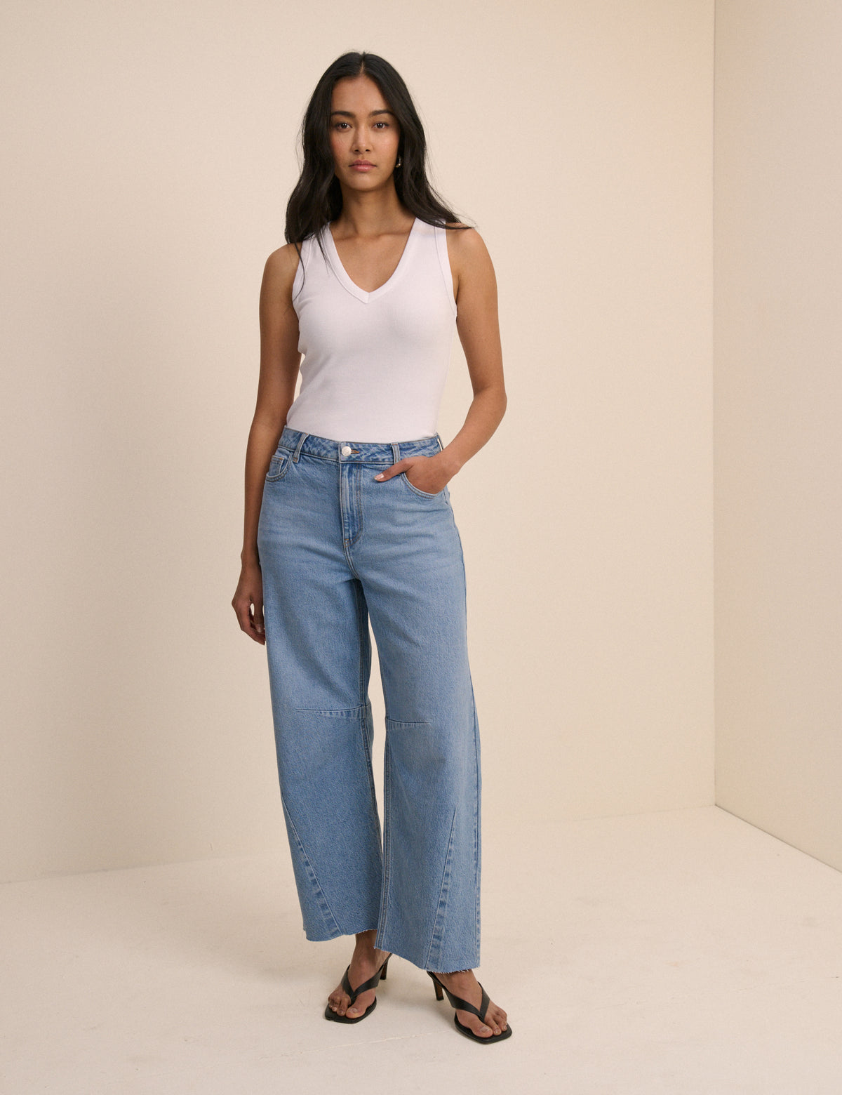 Blue Mid Rise Subtle Barrel Jeans