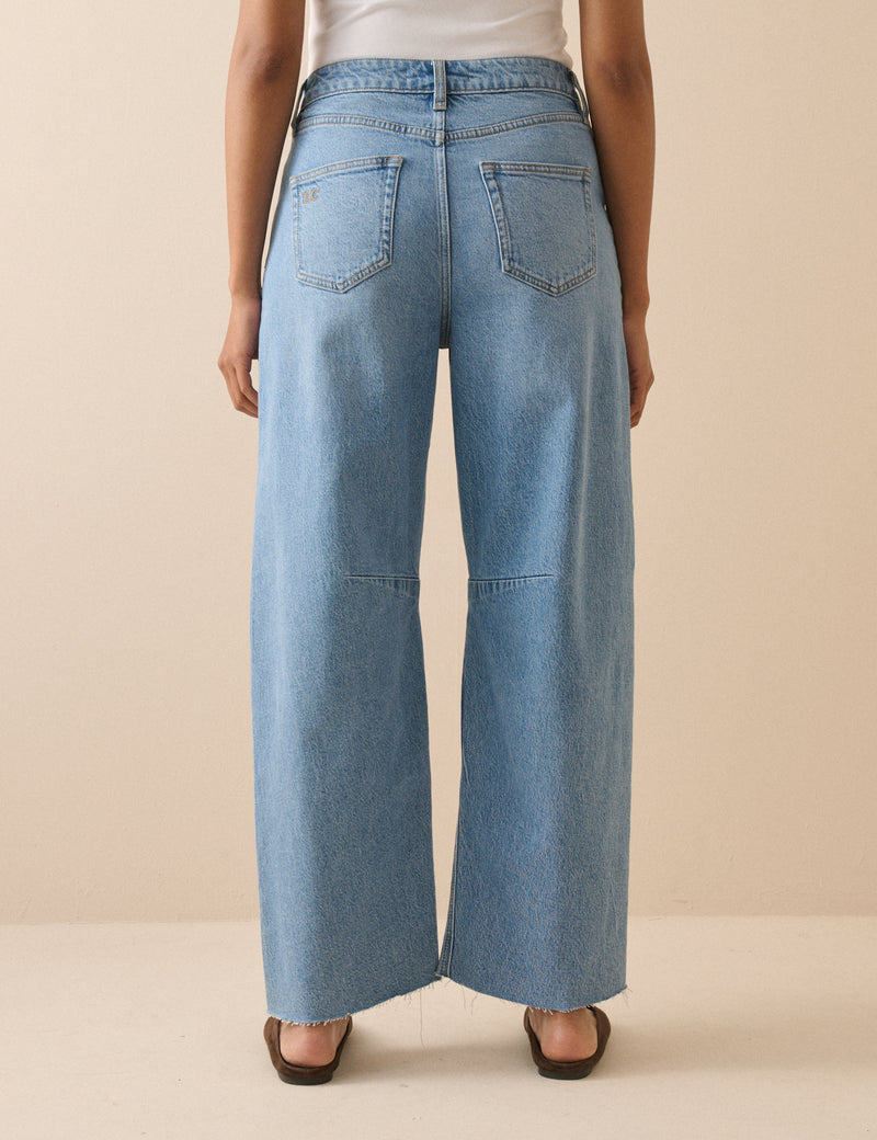 Blue Mid Rise Subtle Barrel Jeans