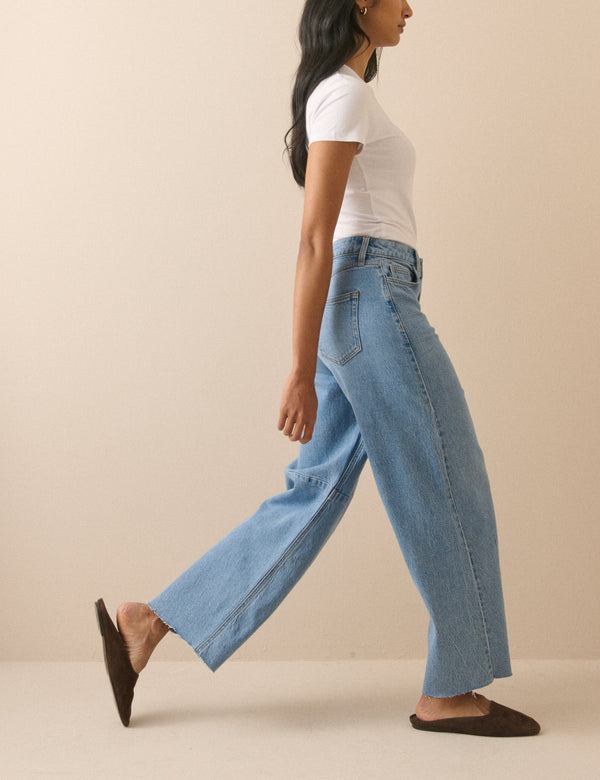 Blue Mid Rise Subtle Barrel Jeans