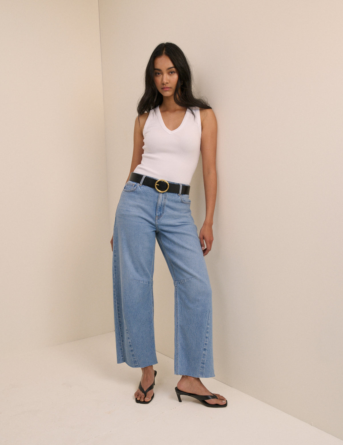Blue Mid Rise Subtle Barrel Jeans