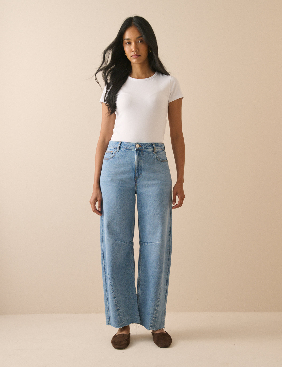 Blue Mid Rise Subtle Barrel Jeans