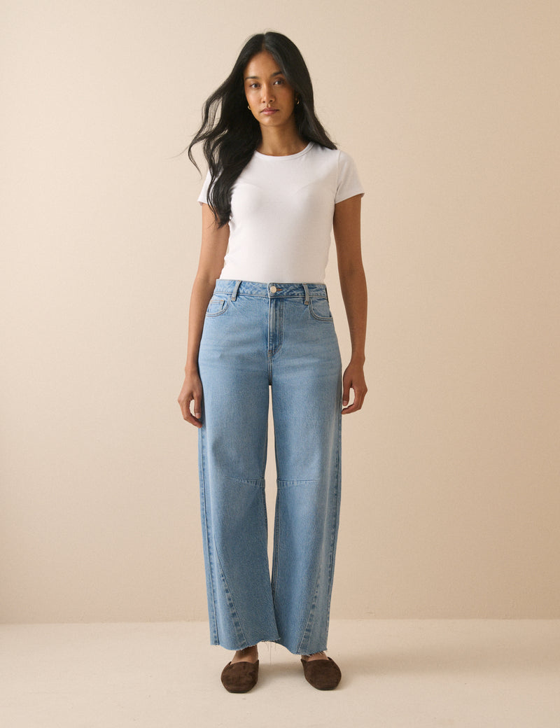 Blue Mid Rise Subtle Barrel Jeans