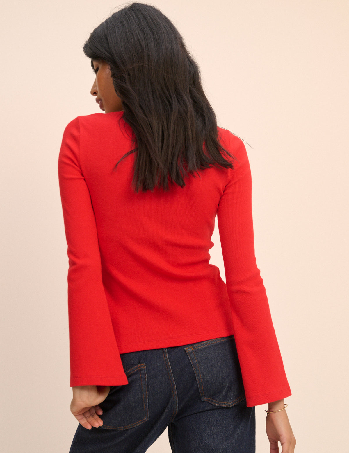 Red Ribbed Flared Sleeve Cardigan