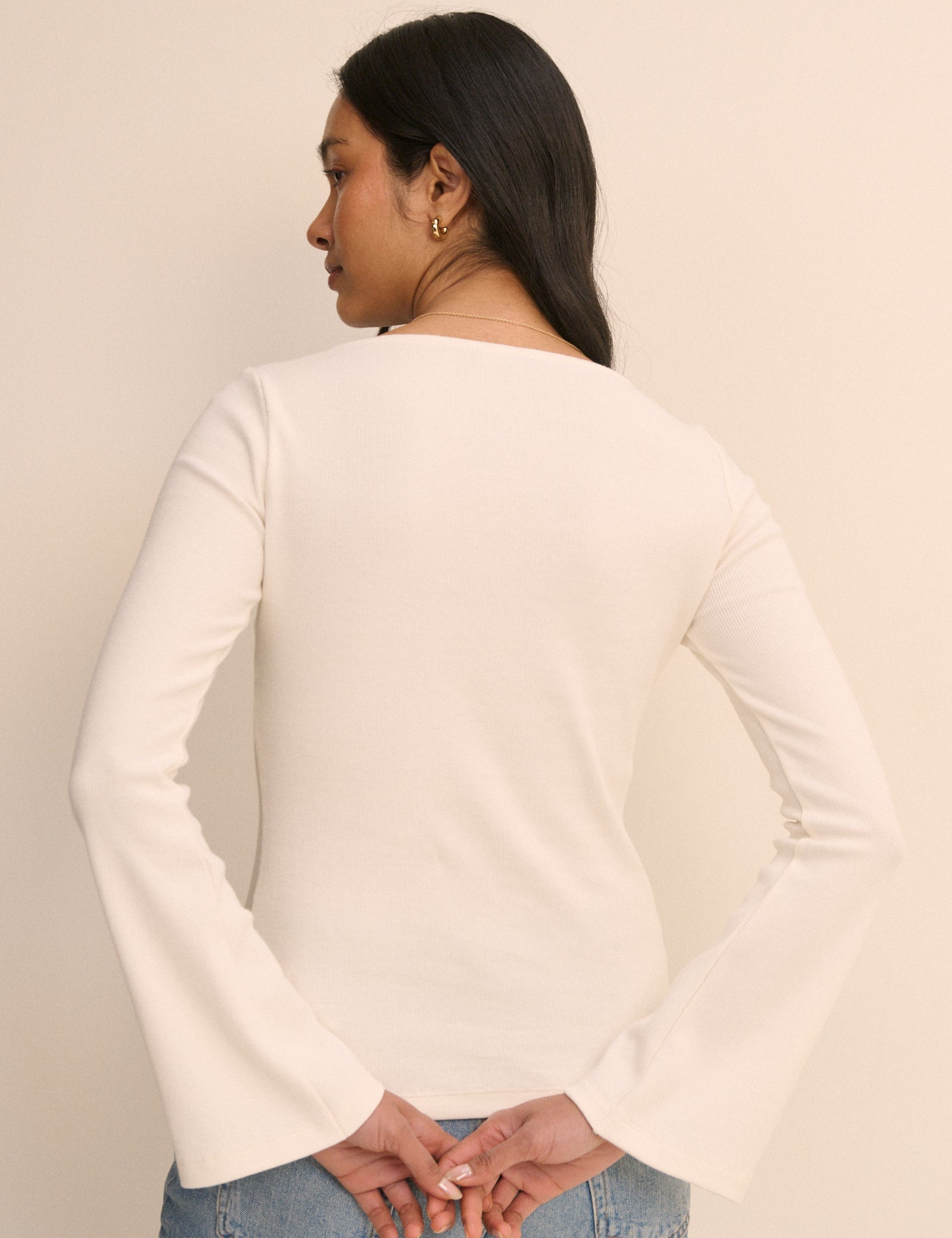 Ivory Ribbed Flared Sleeve Jersey Cardigan