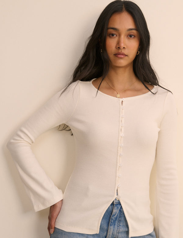 Ivory Ribbed Flared Sleeve Jersey Cardigan