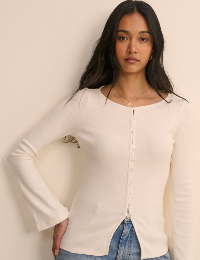 Ivory Ribbed Flared Sleeve Jersey Cardigan