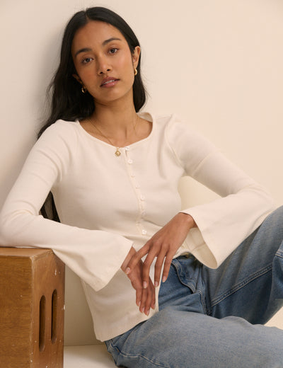 Ivory Ribbed Flared Sleeve Jersey Cardigan