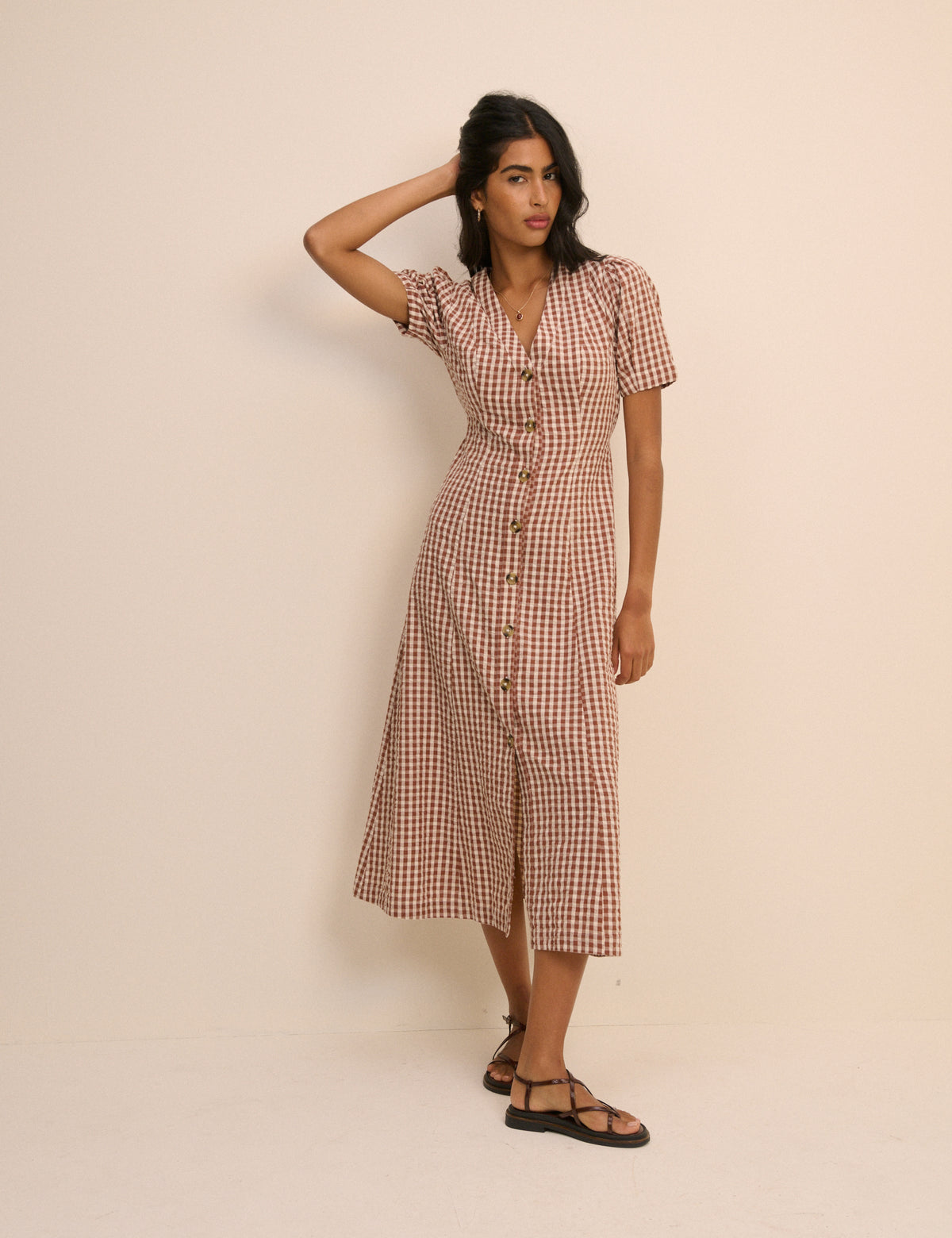 Brown Gingham Button Front Zeyna Midi Dress