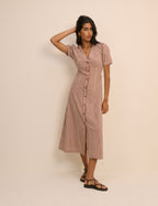 Brown Gingham Button Front Zeyna Midi Dress