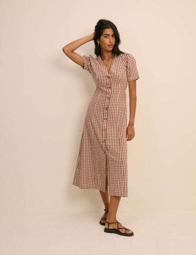Brown Gingham Button Front Zeyna Midi Dress