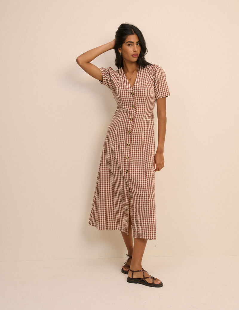 Brown Gingham Button Front Zeyna Midi Dress