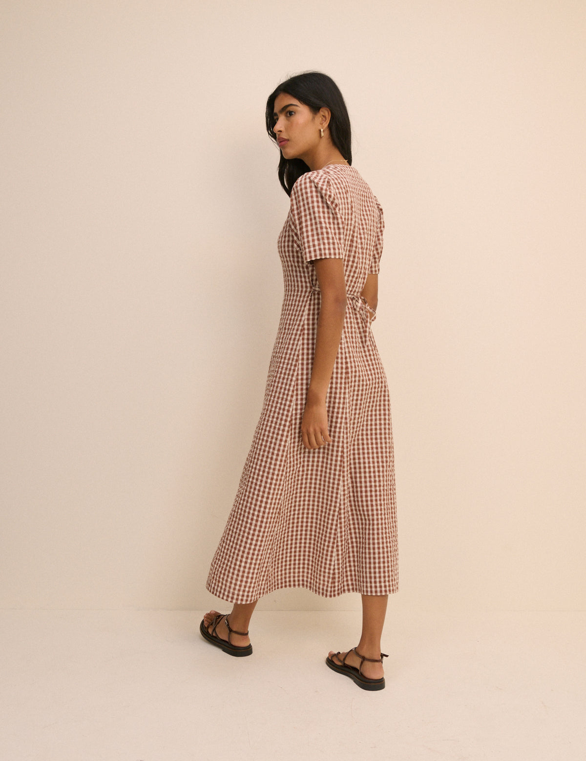 Brown Gingham Button Front Zeyna Midi Dress