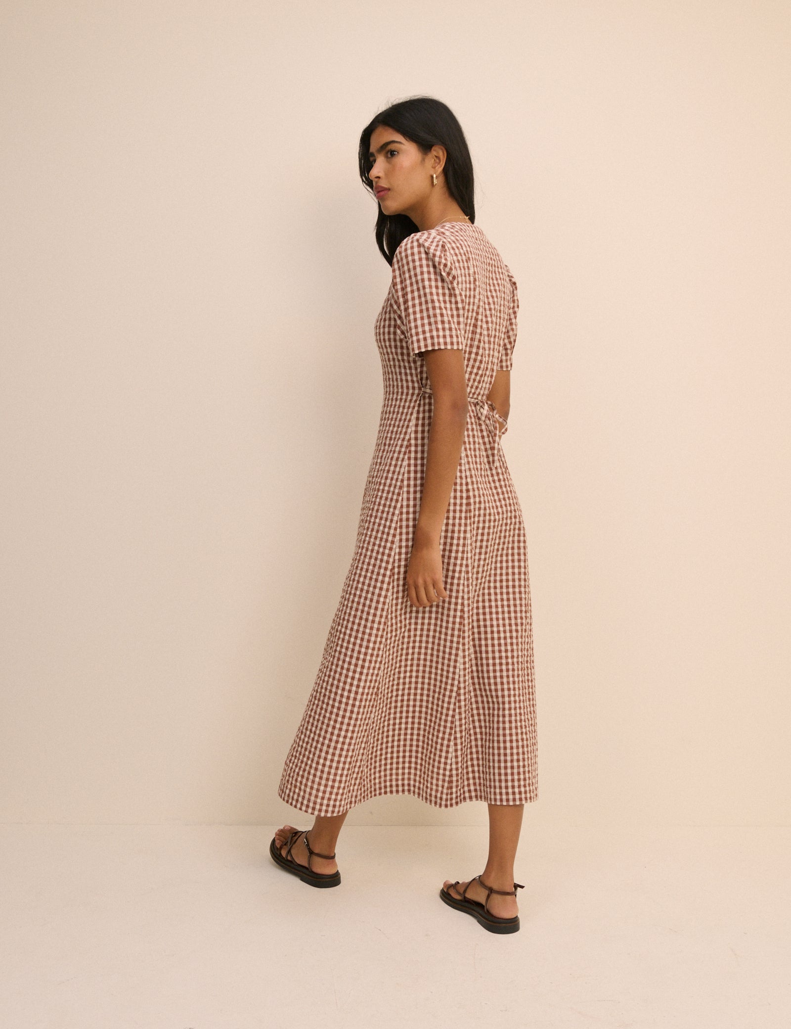 Brown Gingham Button Front Zeyna Midi Dress