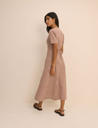 Brown Gingham Button Front Zeyna Midi Dress