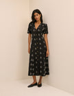 Black Floral Embroidered Button Front Zeyna Midi Dress