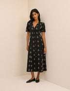 Black Floral Embroidered Button Front Zeyna Midi Dress