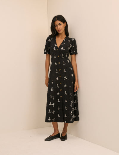 Black Floral Embroidered Button Front Zeyna Midi Dress
