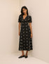 Black Floral Embroidered Button Front Zeyna Midi Dress