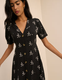 Black Floral Embroidered Button Front Zeyna Midi Dress