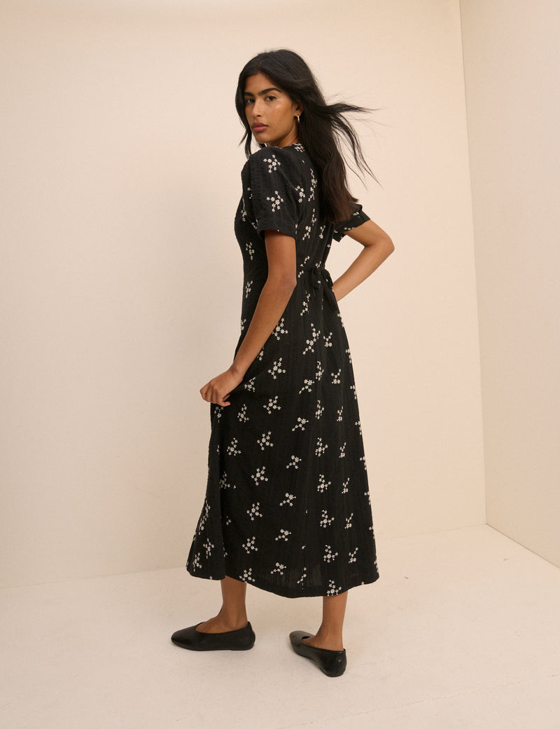 Black Floral Embroidered Button Front Zeyna Midi Dress
