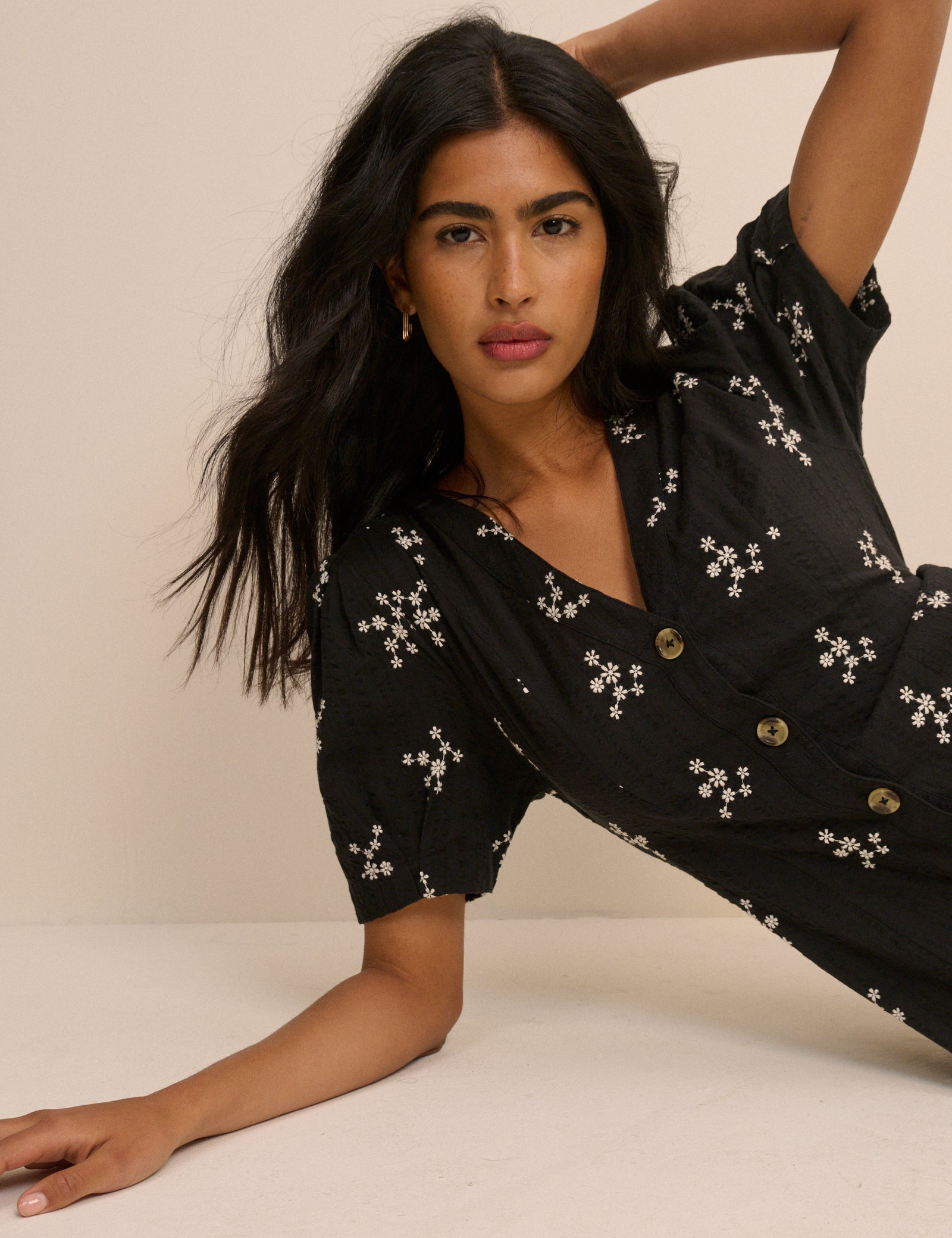 Black Floral Embroidered Button Front Zeyna Midi Dress