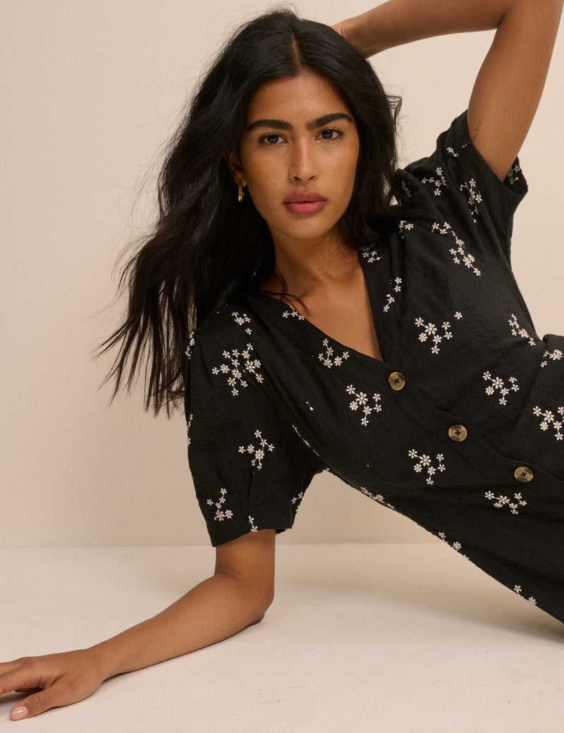 Black Floral Embroidered Button Front Zeyna Midi Dress