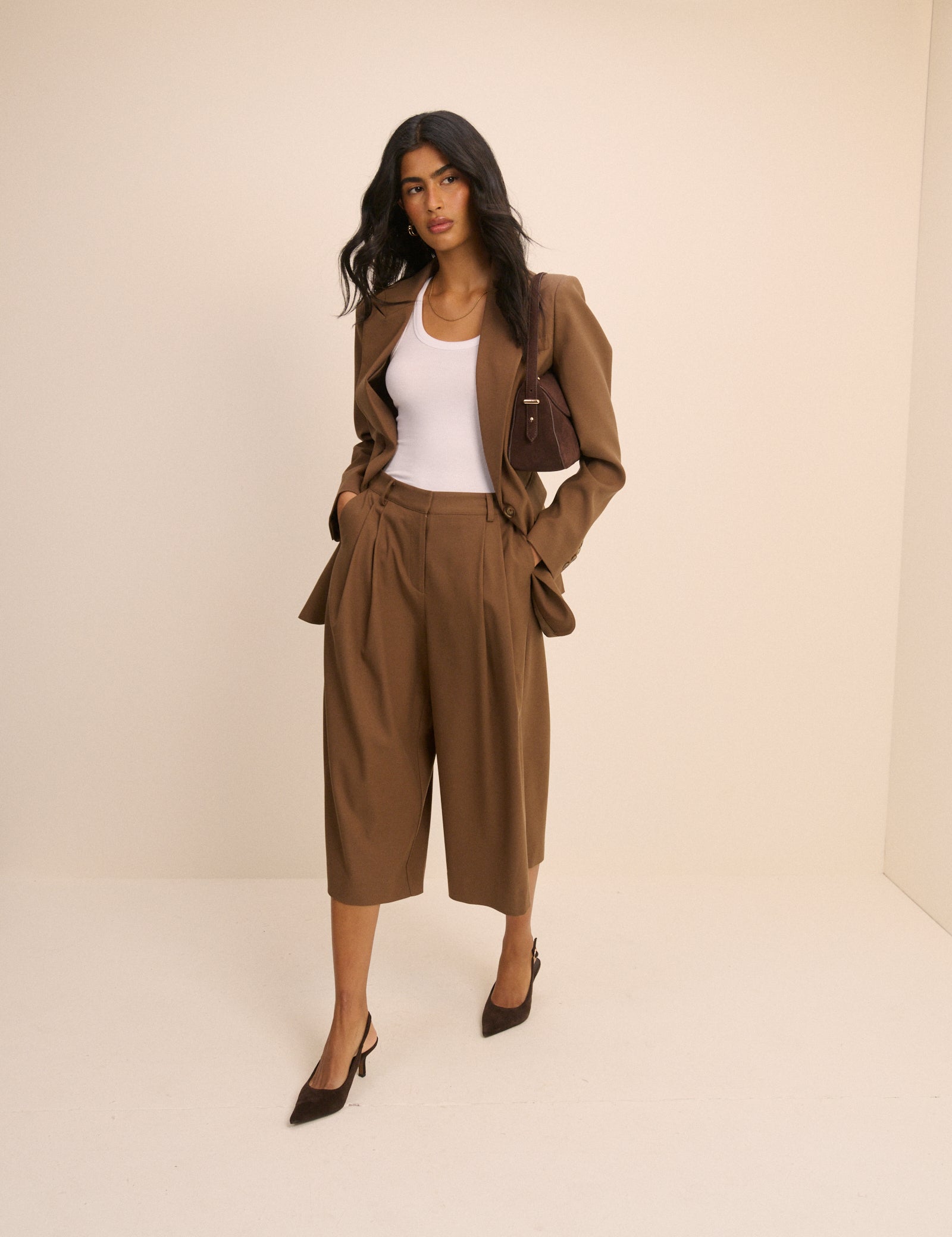 Brown High-Waisted Tailored Culottes