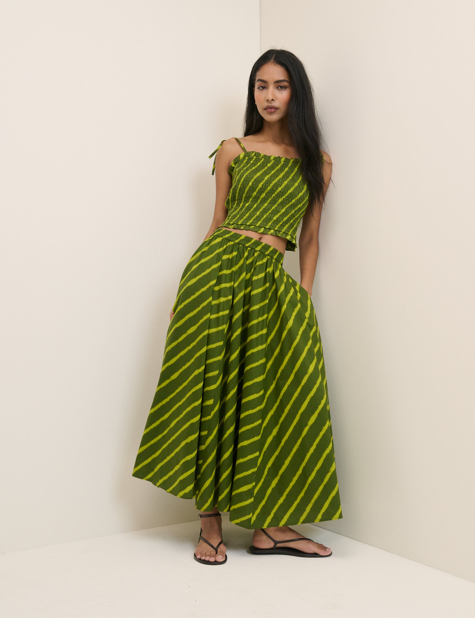 Green Striped Crystal Maxi Skirt
