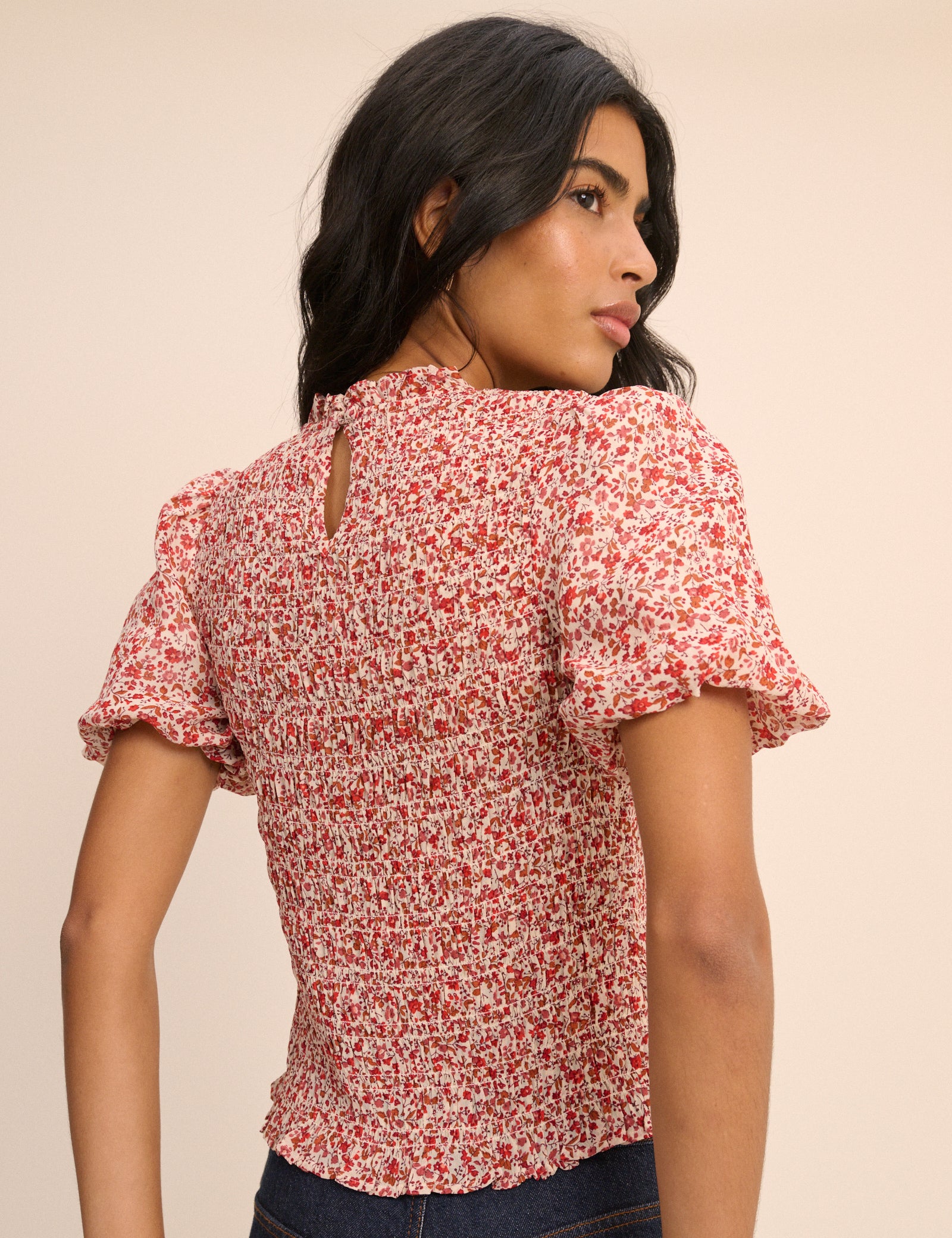 Red Floral Puff Sleeve Shirred Nicola Top