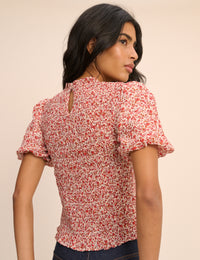Red Floral Puff Sleeve Shirred Nicola Top