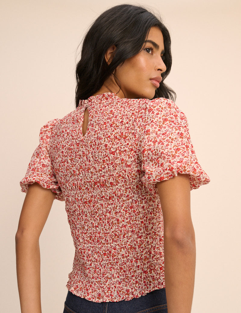 Red Floral Puff Sleeve Shirred Nicola Top