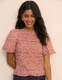 Red Floral Puff Sleeve Shirred Nicola Top