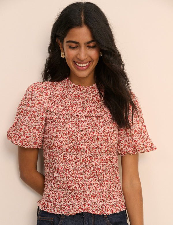 Red Floral Puff Sleeve Shirred Nicola Top