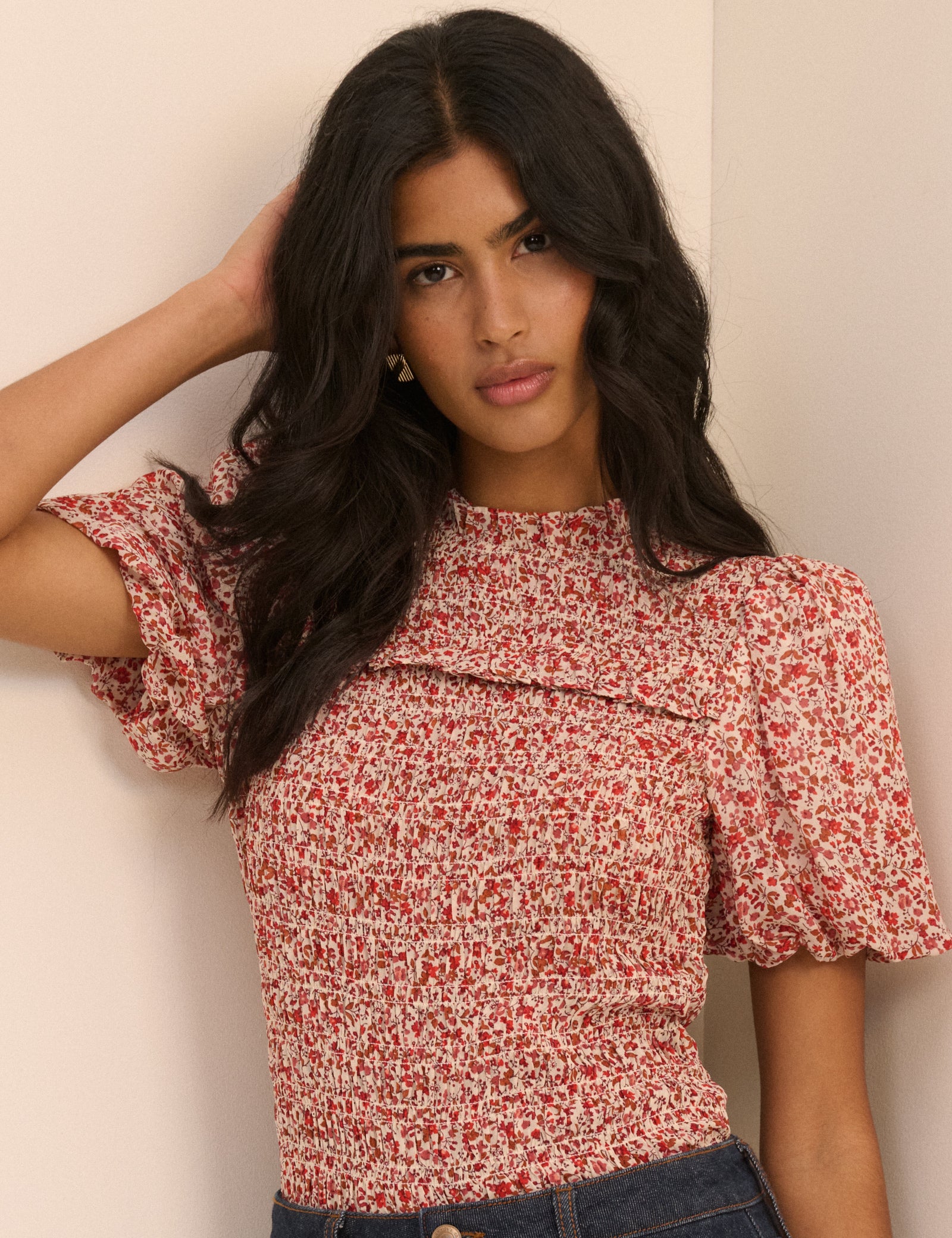 Red Floral Puff Sleeve Shirred Nicola Top