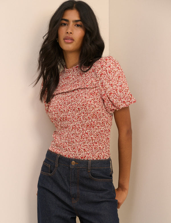 Red Floral Puff Sleeve Shirred Nicola Top