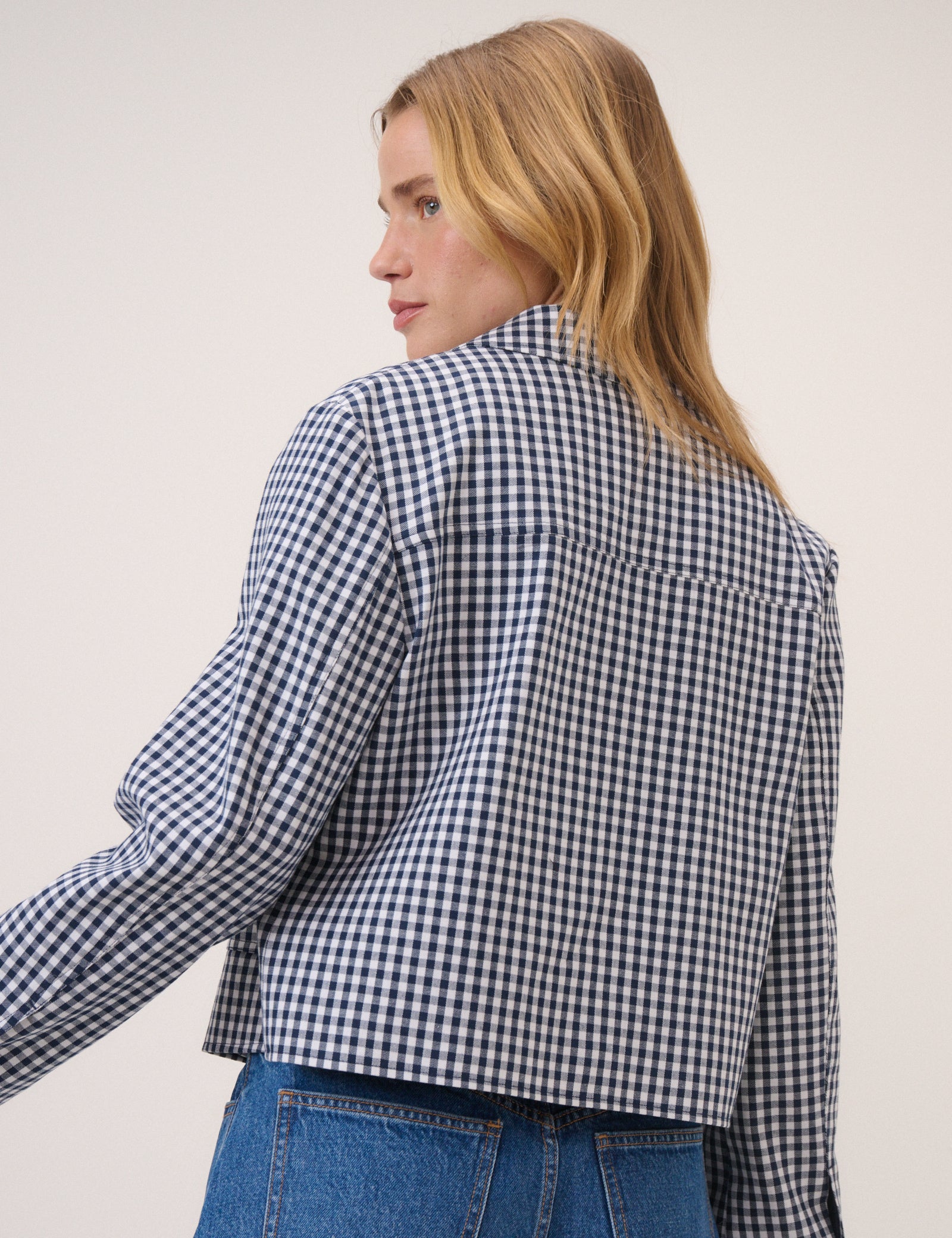 Navy Gingham Front Pocket Jacket
