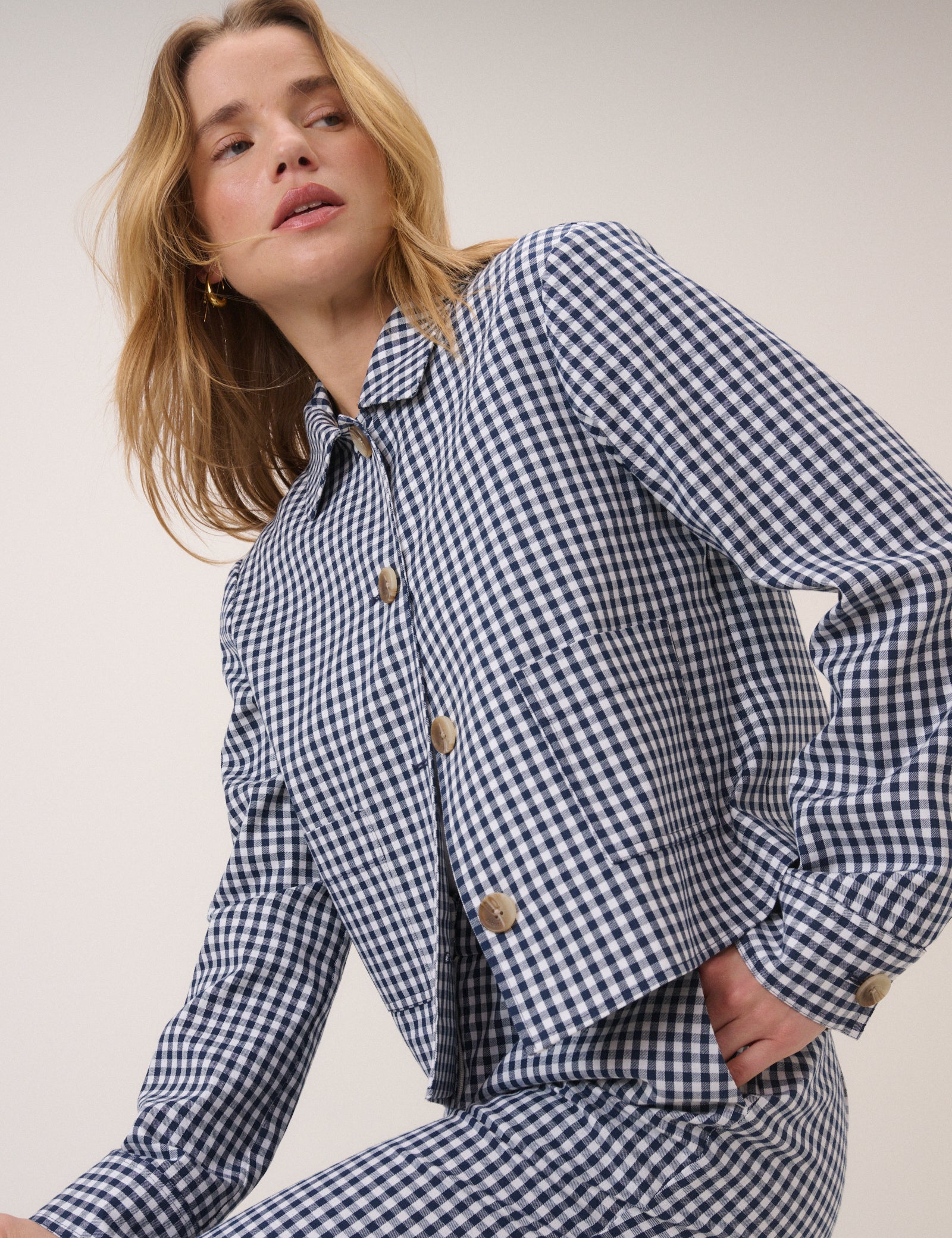 Navy Gingham Front Pocket Jacket