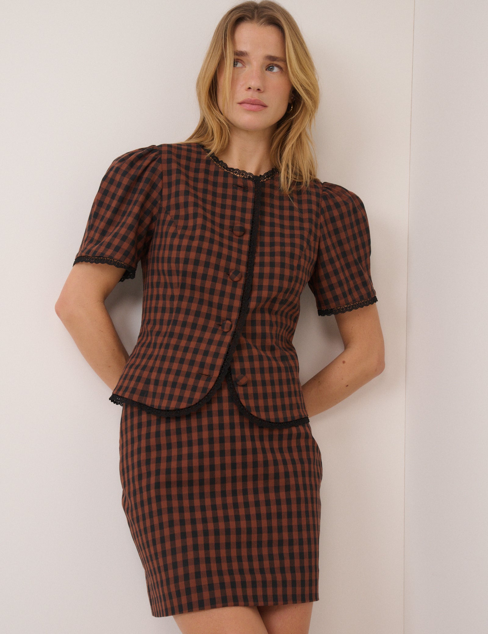 Brown Gingham Tailored Mini Skirt