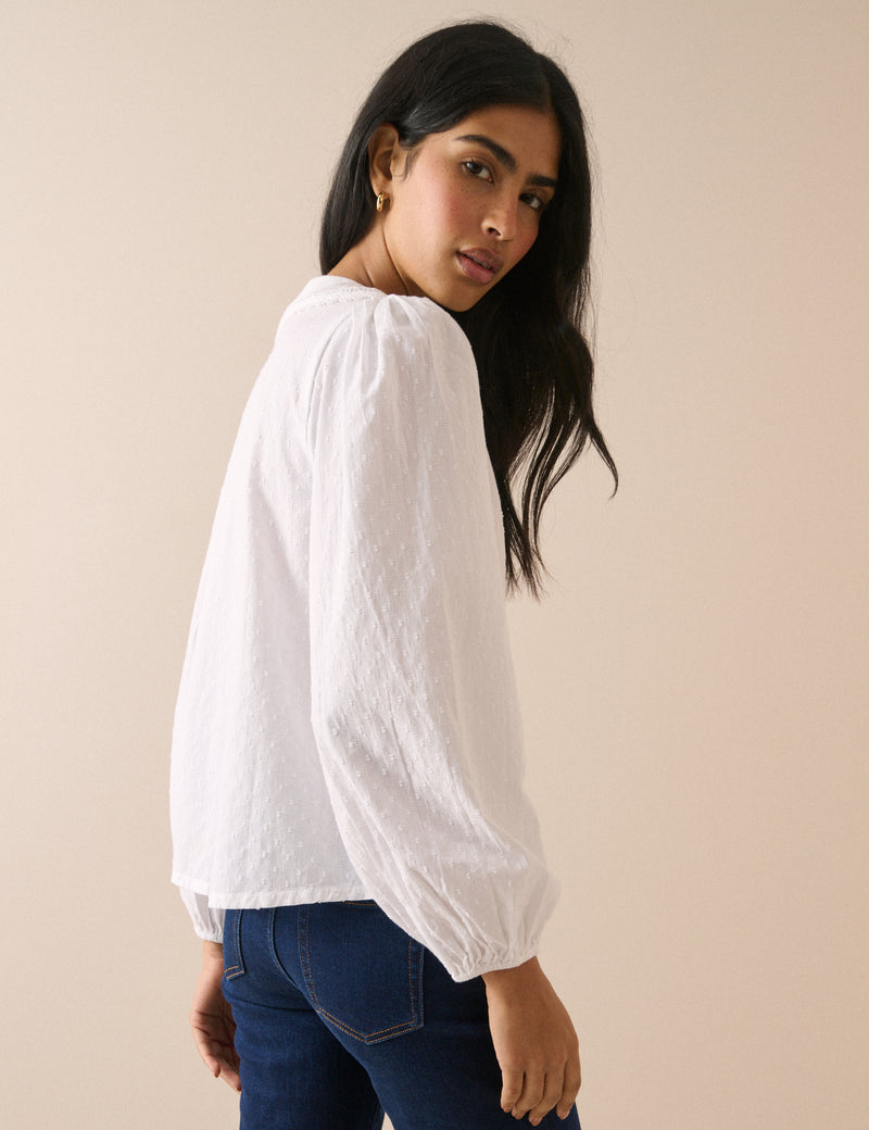 White Long Sleeve Broderie Anglaise Peter Pan Collar Blouse
