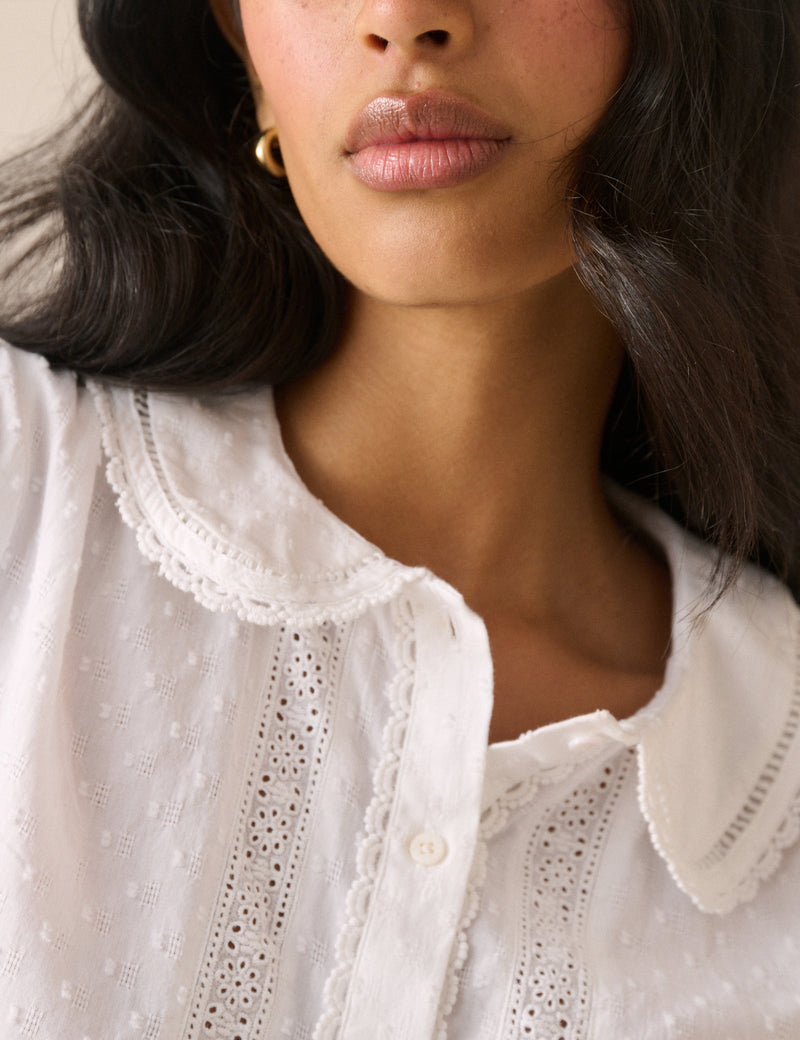 White Long Sleeve Broderie Anglaise Peter Pan Collar Blouse