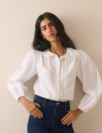 White Long Sleeve Broderie Anglaise Peter Pan Collar Blouse